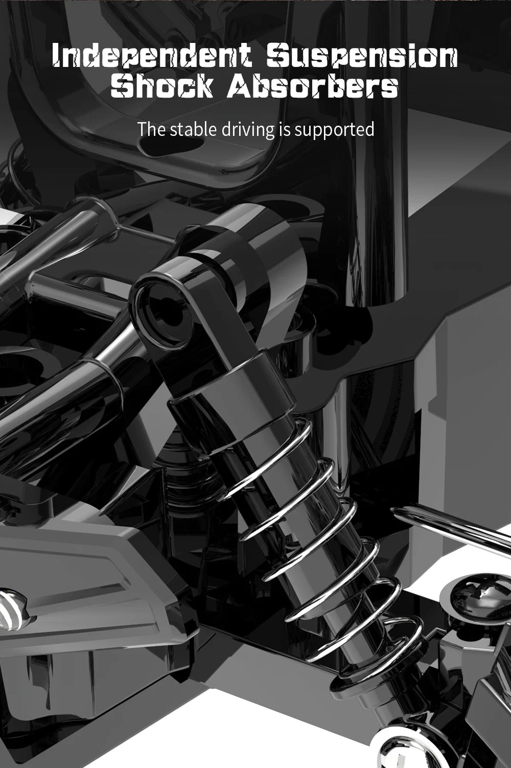 Close-up view of independent suspension shock absorbers on an RC monster truck chassis.