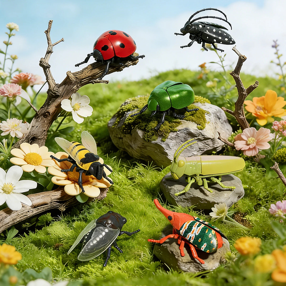 A collection of wind-up insect toys featuring a ladybug, bee, and beetle set in a natural outdoor setting.