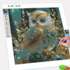 Diamond painting kit featuring a detailed owl design with vibrant green and gold colors.