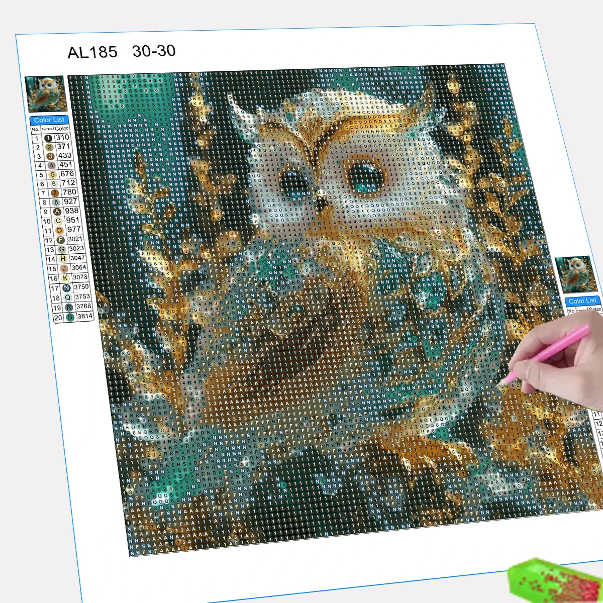 Diamond painting kit featuring a detailed owl design with vibrant green and gold colors.