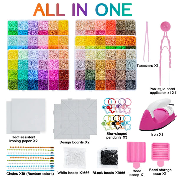 All-in-one bead craft kit featuring various beads, design boards, tweezers, and iron applicator tools