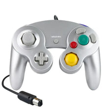 A silver wired game controller for the Nintendo GameCube console.