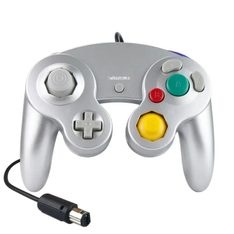 A silver wired game controller for the Nintendo GameCube console.
