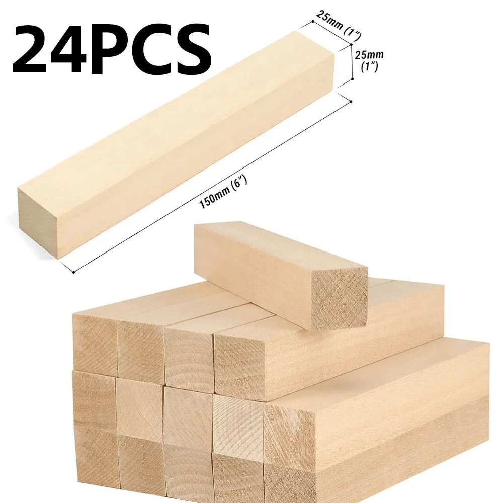 A set of 24 light-colored basswood blocks used for carving and woodworking.