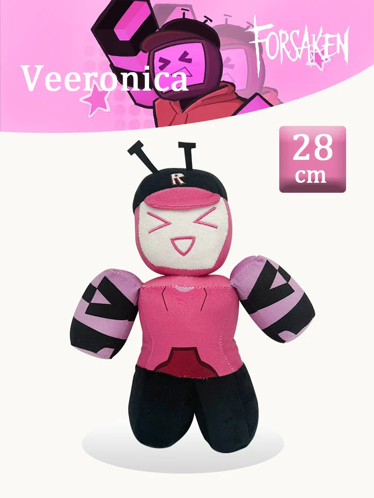 A pink and black plush rabbit stuffed toy with large ears and a facial expression, displayed against a pink background.