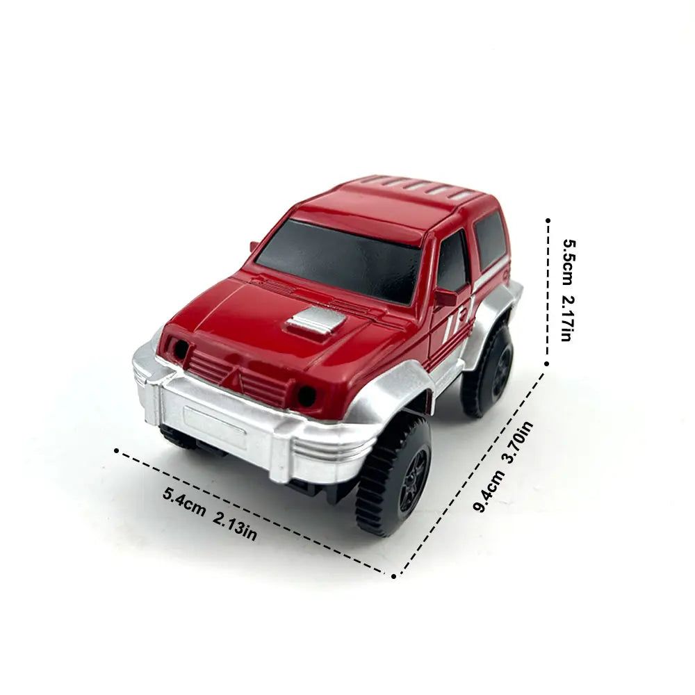 A red and silver race track toy car with glowing LED features shown from the side.