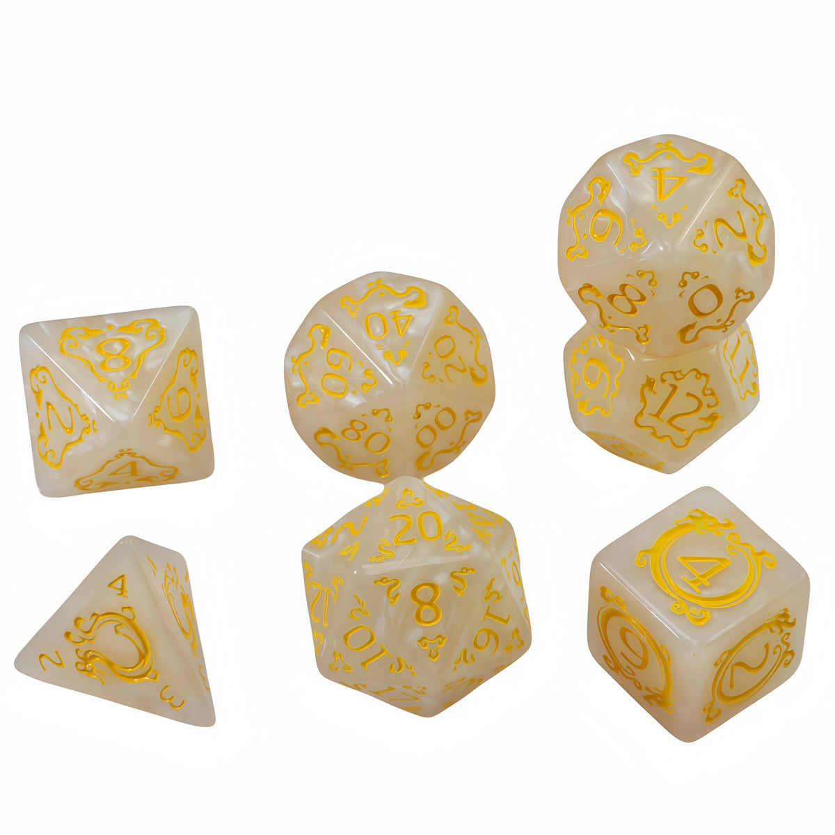 A set of dragon-inspired polyhedral dice in translucent yellow and white.