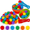 A colorful rainbow sorting and counting toy set featuring various colored pom-poms and blue tweezers for children.