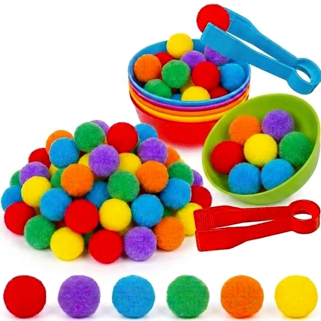 A colorful rainbow sorting and counting toy set featuring various colored pom-poms and blue tweezers for children.