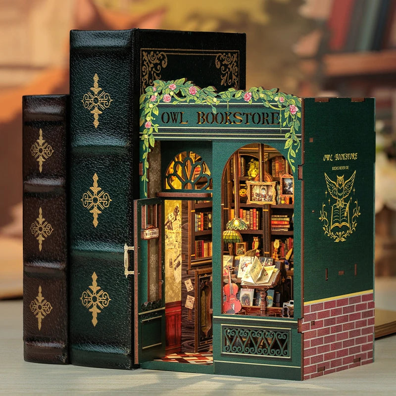 Owl Bookstore Miniature Book Nook DIY Kit with LED Lighting