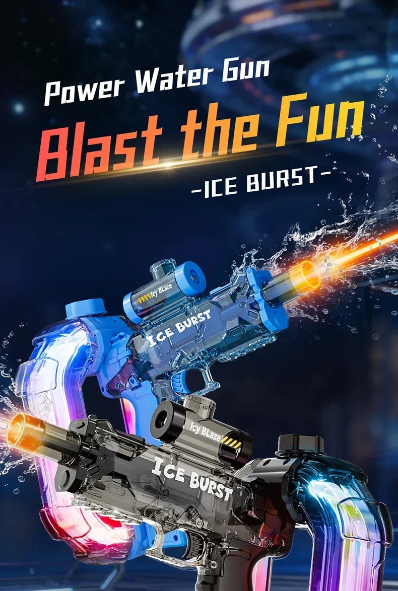 A close-up of a blue and black electric water blaster toy gun firing a stream of water, set against a dark background.
