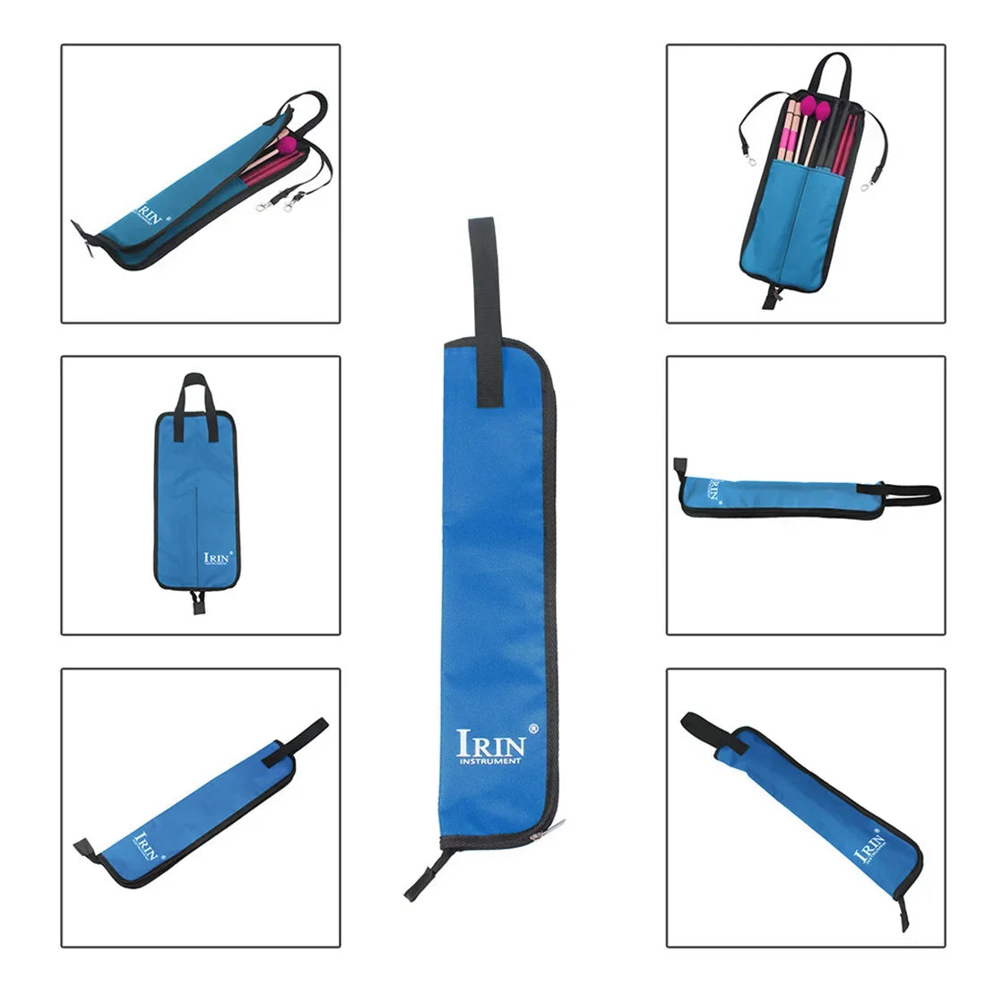 A set of blue and black drumstick carrier bags, including a clutch bag and a long vertical case.