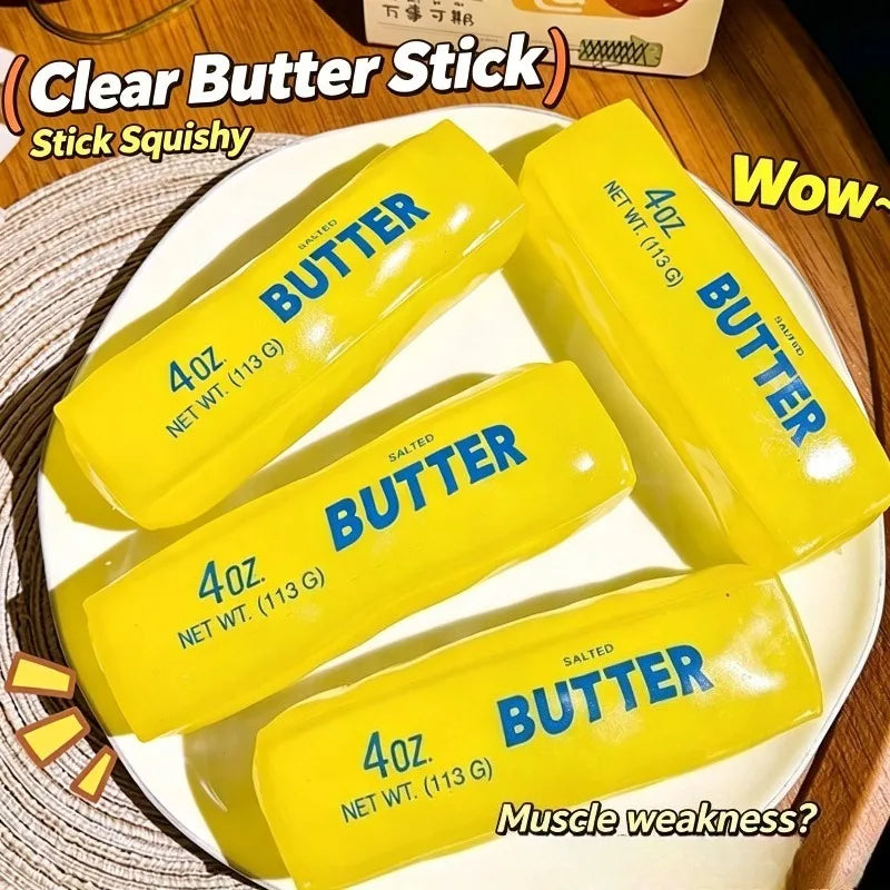 Four yellow butter sticks are displayed on a white plate, showing the product for stress relief.