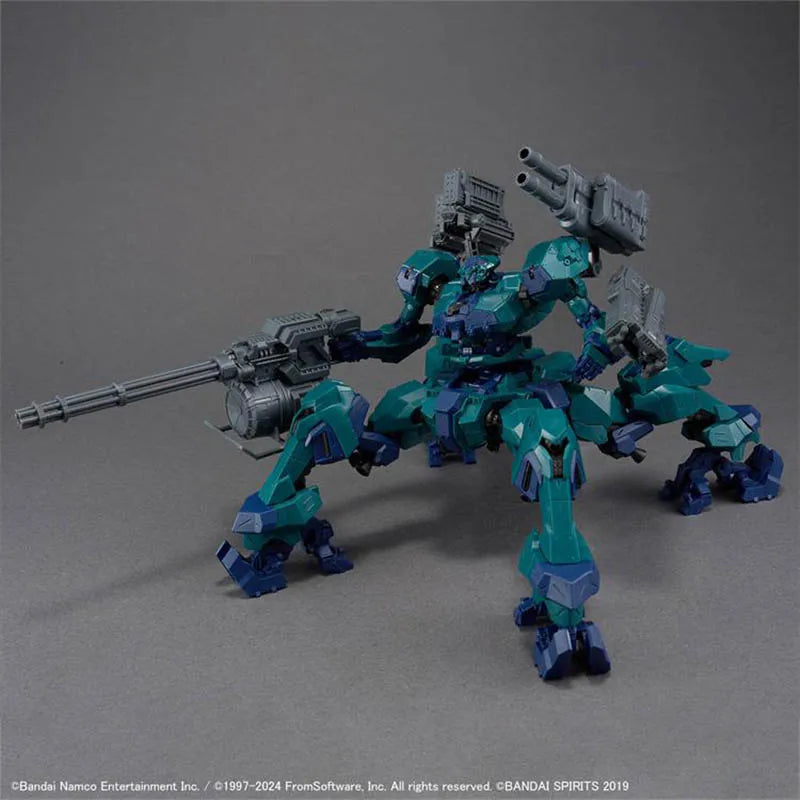 A detailed plastic model kit of the Bandai 30MM Armored Core VI: VP-40S Steel Haze Nightfall Mecha, painted in teal and blue.