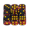 A set of ten mixed-color dice, featuring dark red and black marbled surfaces with yellow dots.