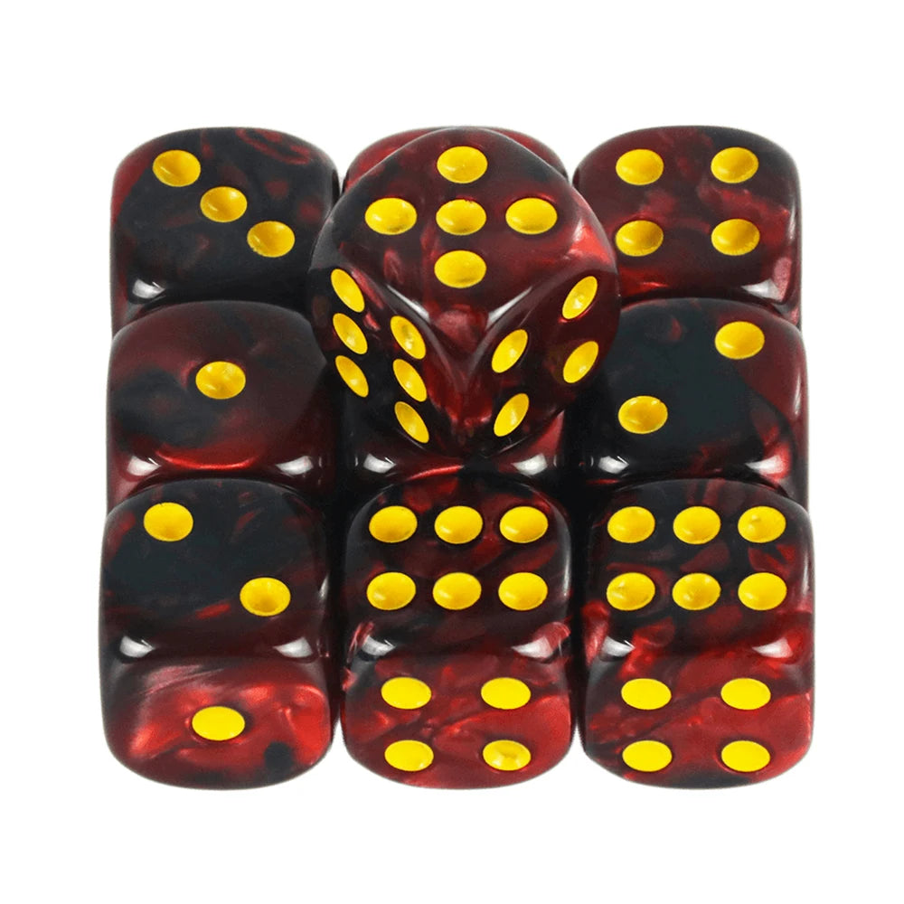 A set of ten mixed-color dice, featuring dark red and black marbled surfaces with yellow dots.