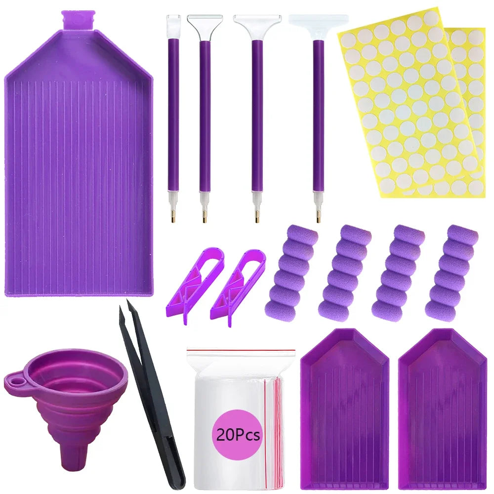 Diamond painting storage kit featuring purple and pink plastic containers and tools