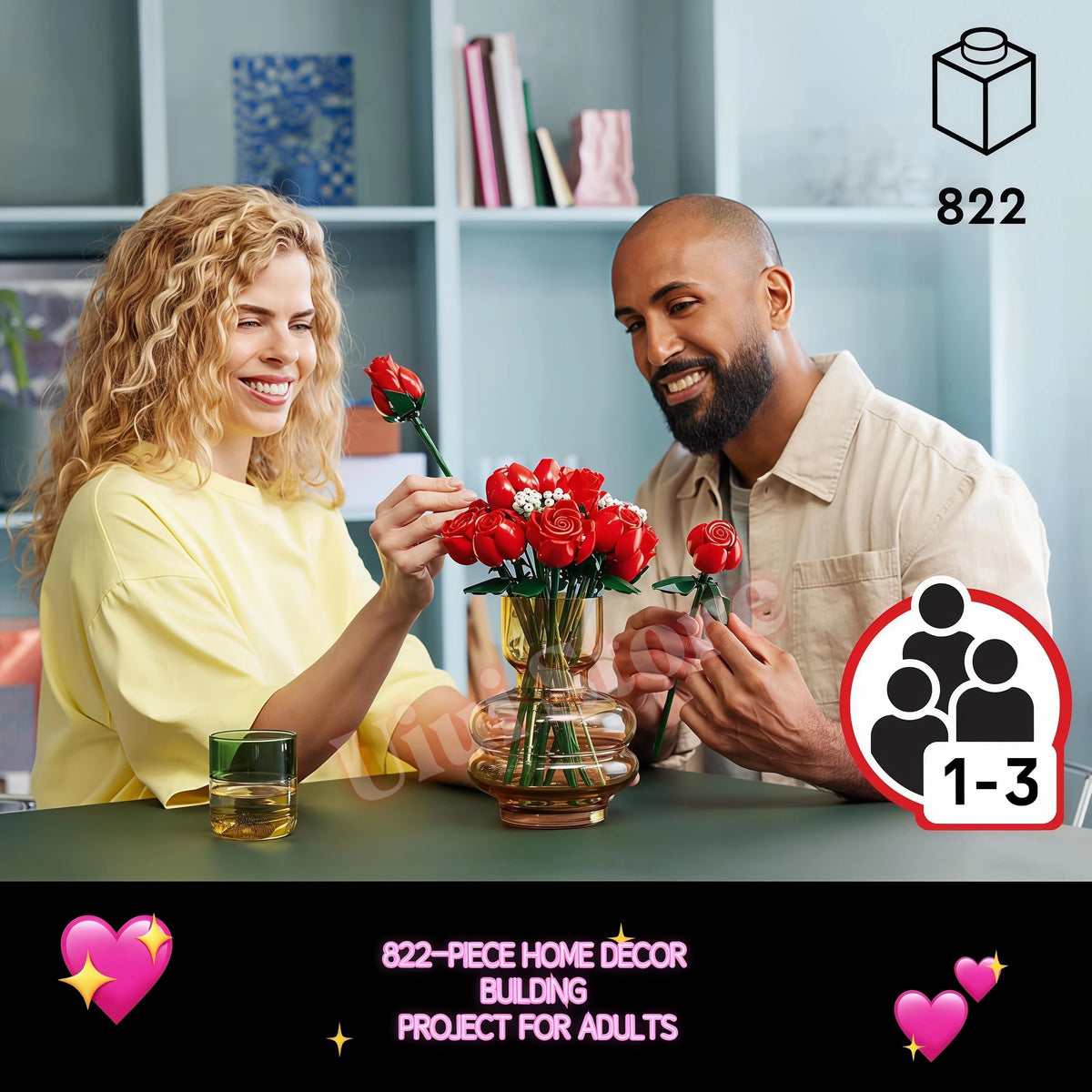 A woman and a man are assembling an 822-piece home decor building project featuring red roses.