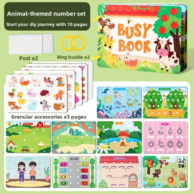 An animal-themed DIY book set with 10 pages, including paper, ring buckles, and granular accessories for learning.