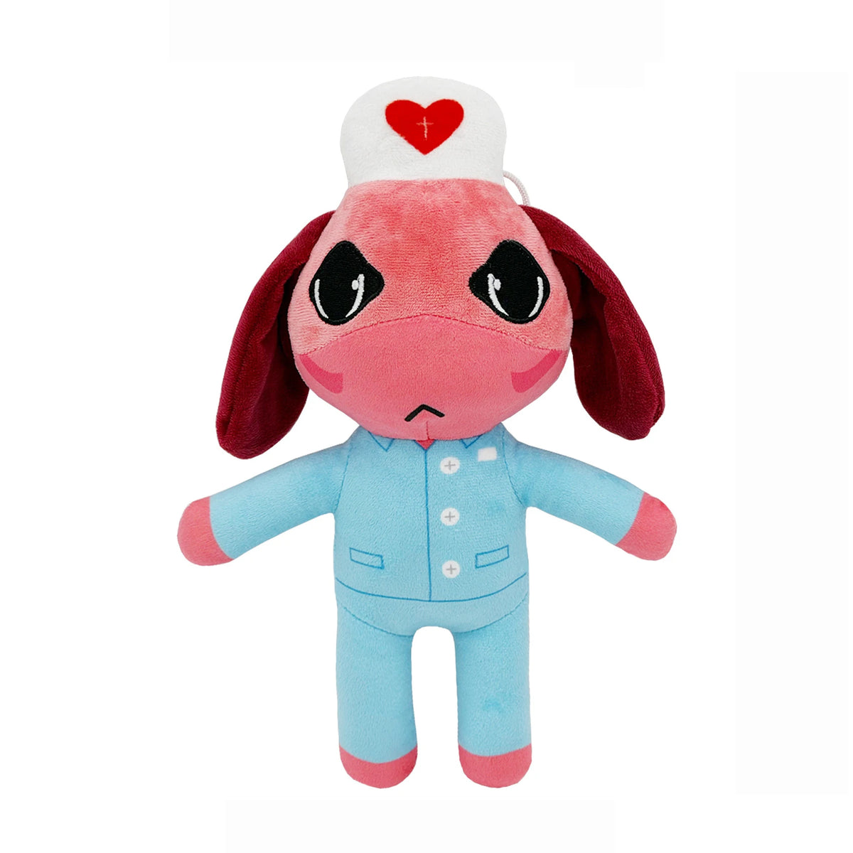A pink and blue plush toy of a doctor with a white hat and a red heart on top.