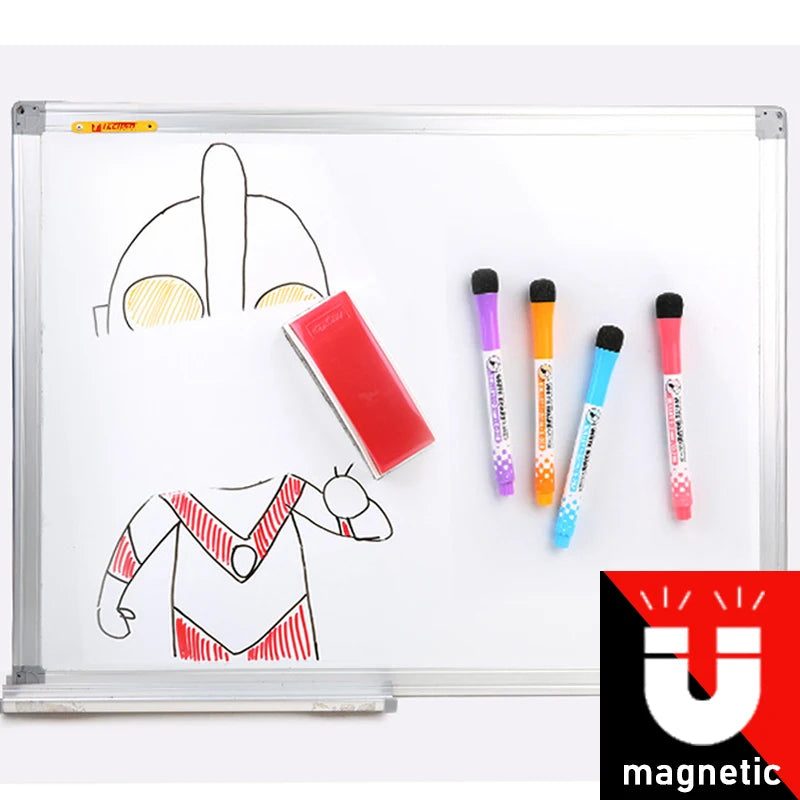 A magnetic dry-erase whiteboard with a drawing of a face and several colored markers.