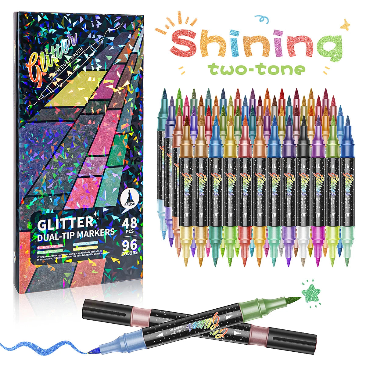 A set of 48 dual-tip glitter brush markers in various colors and metallic finishes displayed next to the packaging.