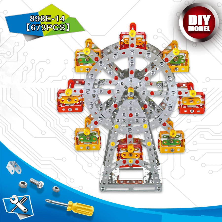 A DIY model kit featuring a metal engineering vehicle built from various components and tools.