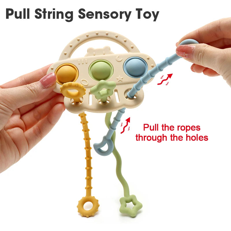 Bear Silicone Teether with Textured Pull String for Babies