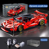 A red die-cast model of a sports car built from acrylic building blocks with accessories.