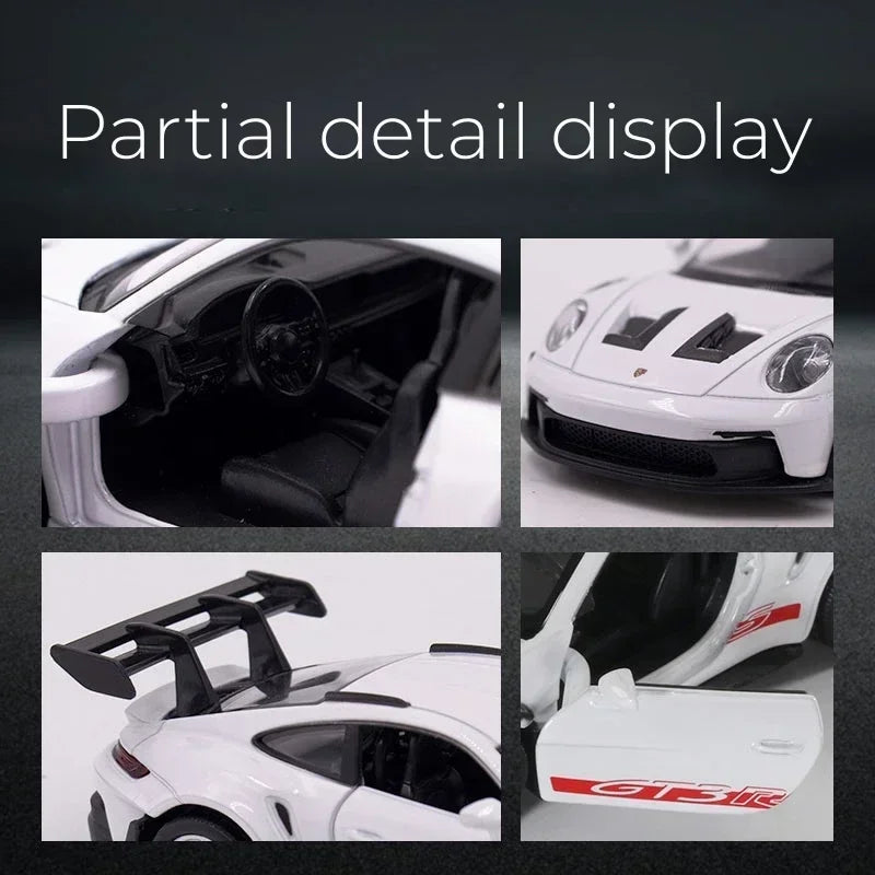 Partial detail display of a white Porsche 911 GT3 RS diecast model car showing interior and exterior features.