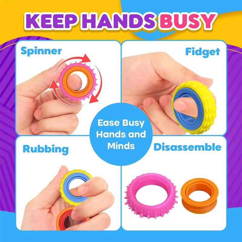 A set of colorful sensory fidget rings including a spinner, fidget, rubbing, and disassemble ring.