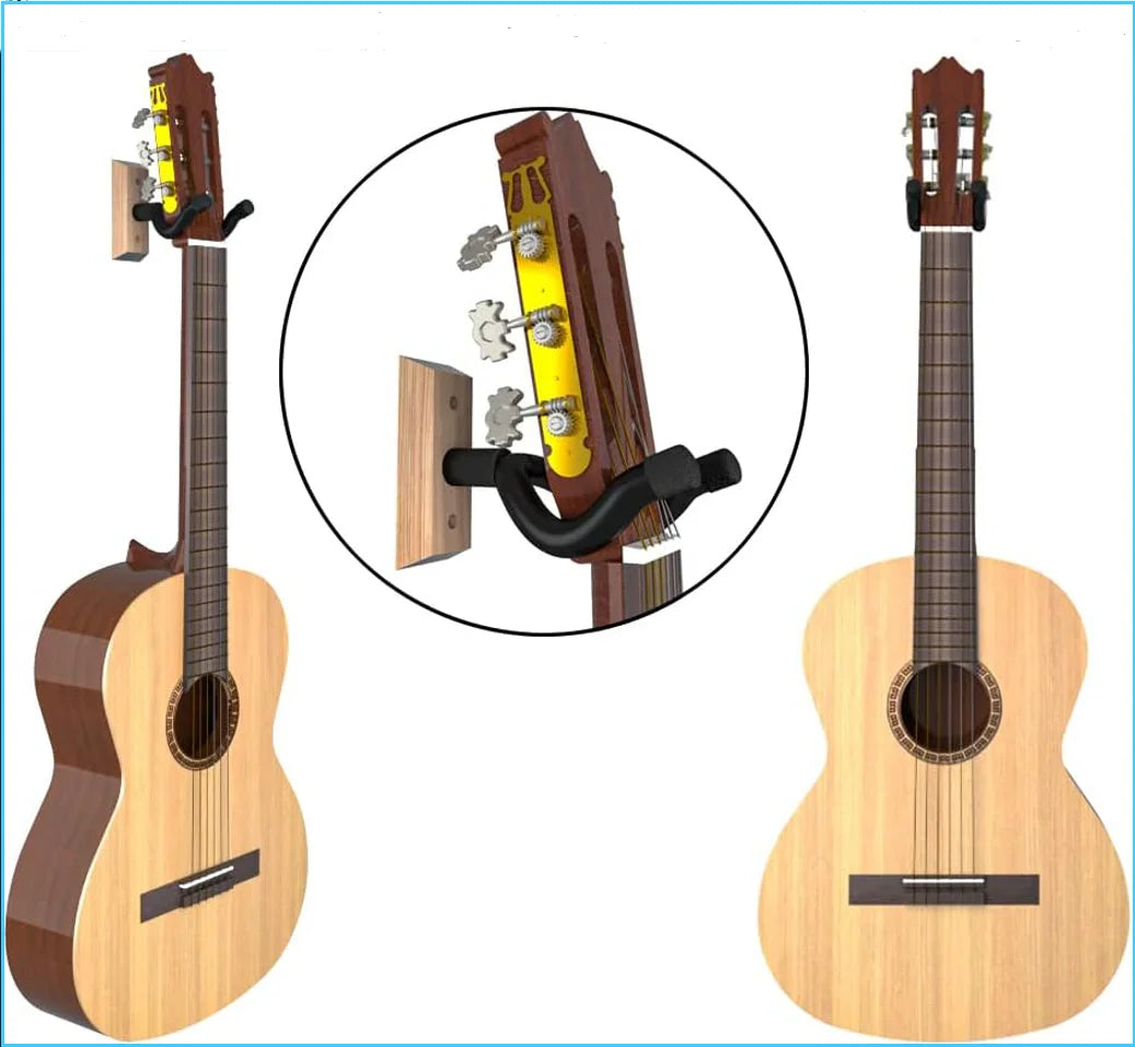 A solid wood acoustic guitar is shown with a close-up view of its wall mount hanger mechanism.