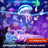 A purple and blue light projector lamp illuminating a bedroom with a girl and mushrooms.