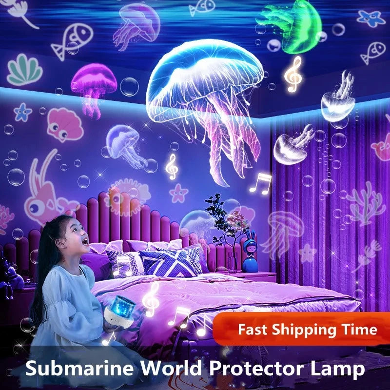 A purple and blue light projector lamp illuminating a bedroom with a girl and mushrooms.