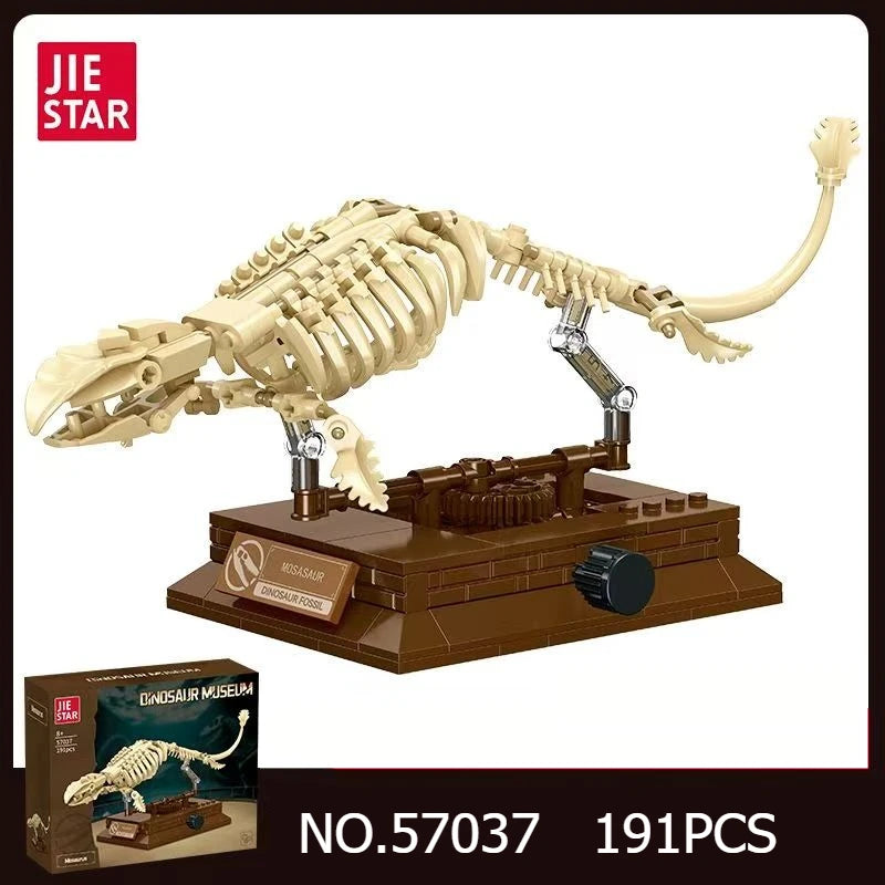 A detailed plastic model of a T-Rex fossil dinosaur skeleton built from building blocks.