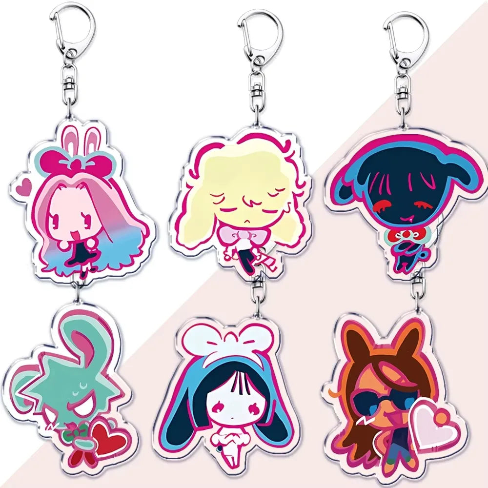 A set of five chibi acrylic keychains featuring characters from Alien Stage with various hair colors and expressions
