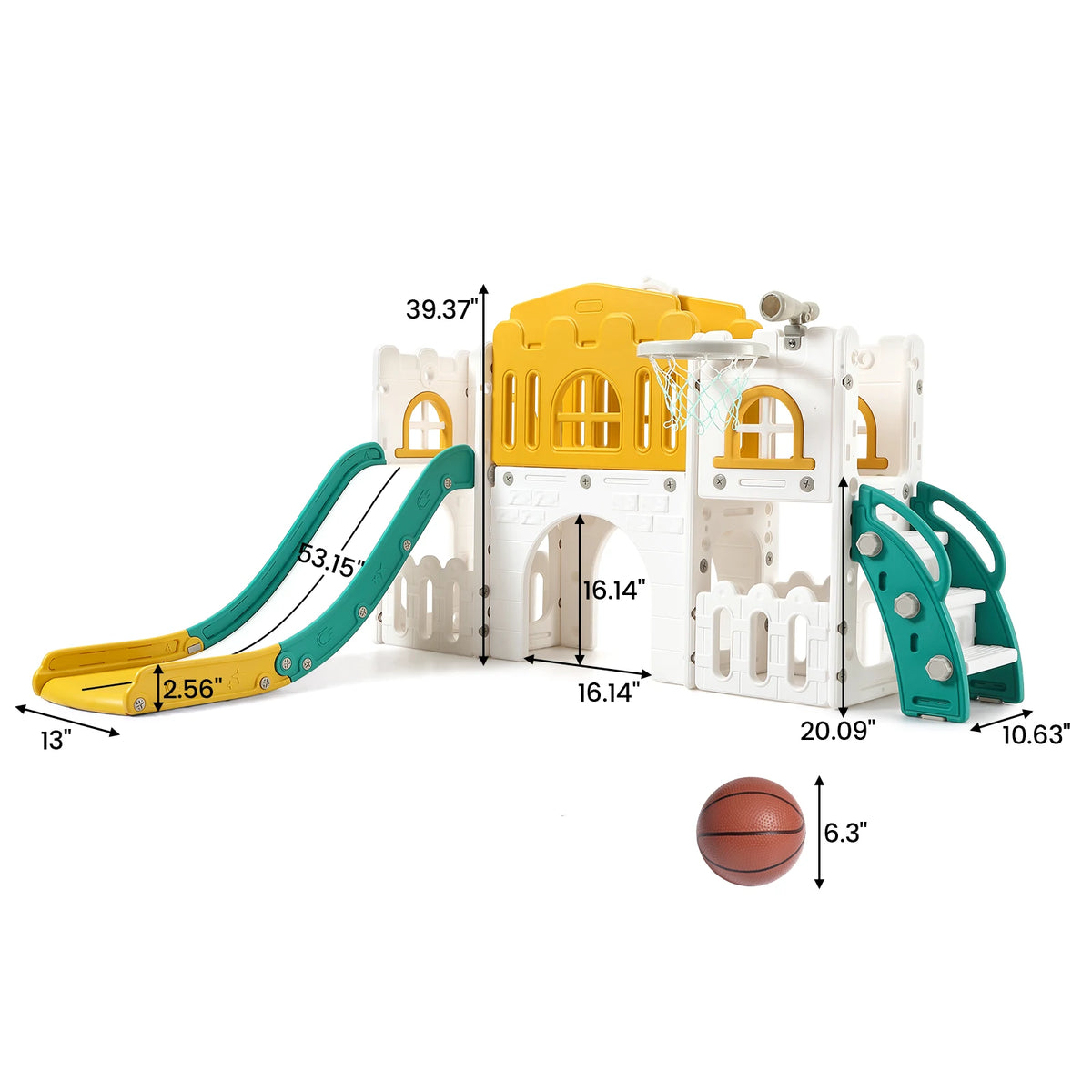 A yellow and white toddler slide and playground playset featuring a slide and a small play structure.