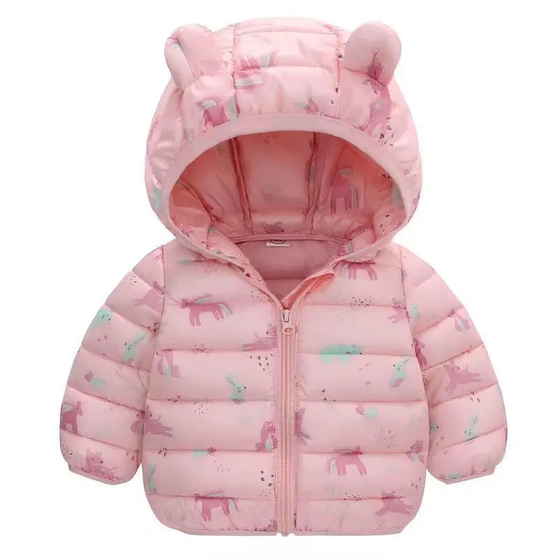 Pink cartoon-themed hooded puffer jacket for kids with a zipper.