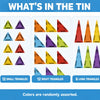 A set of magnetic tiles including squares, small triangles, right triangles, and long triangles in various colors inside a ti
