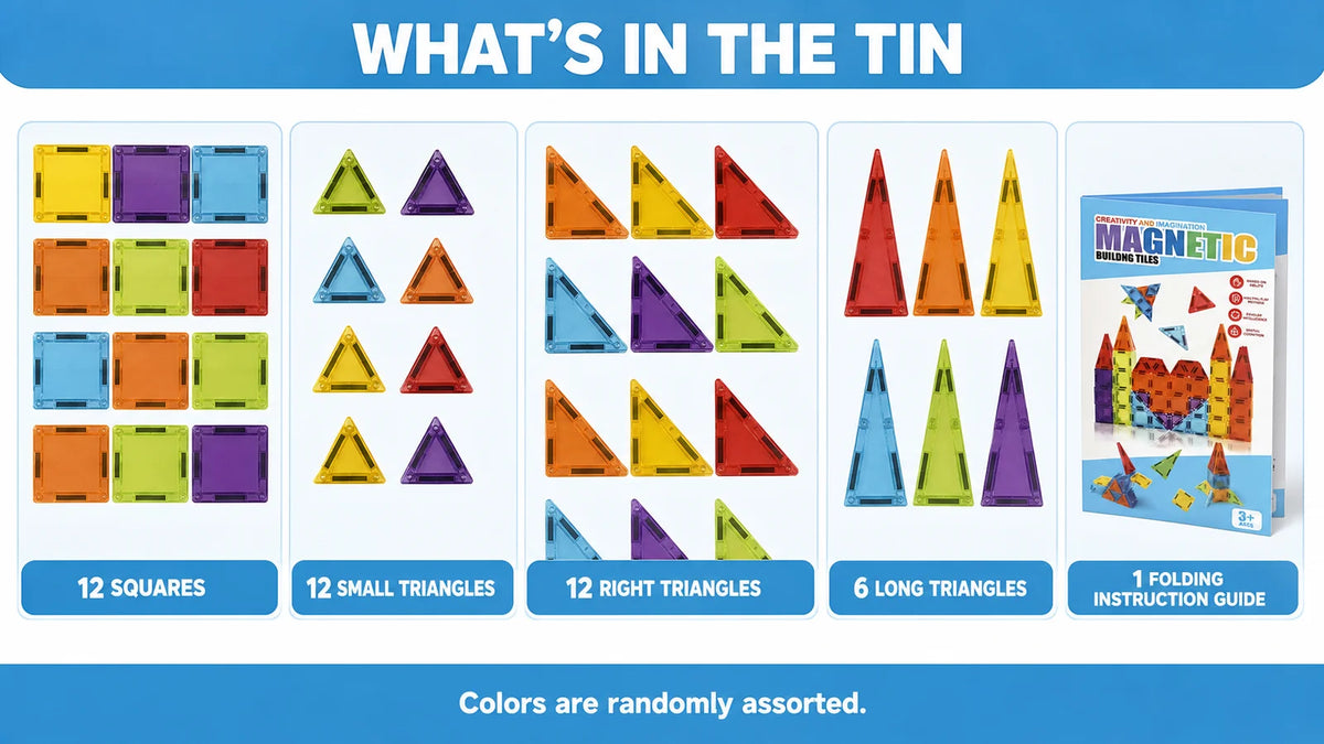 A set of magnetic tiles including squares, small triangles, right triangles, and long triangles in various colors inside a ti
