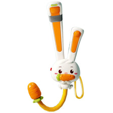 An orange and white rabbit-shaped electric bath shower toy for kids with a yellow flexible tube.