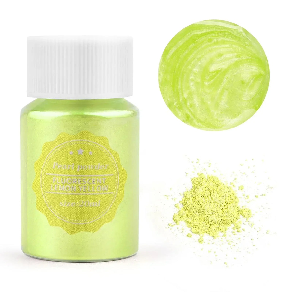 A glass jar of fluorescent lemon yellow pearl powder next to a circular swatch of the same color and a pile of loose powder.