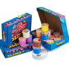 A box of slime with various colored slime containers and cake decorations displayed on a white surface.