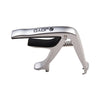 Silver zinc alloy guitar capo with a black grip and metal pins