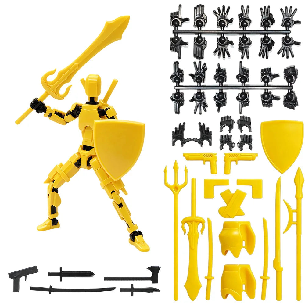 A yellow magnetic multi-jointed action figure set with various weapons and accessories displayed on a stand.