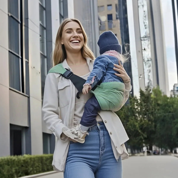 A smiling woman is carrying a baby in a sling outdoors against a modern building backdrop.
