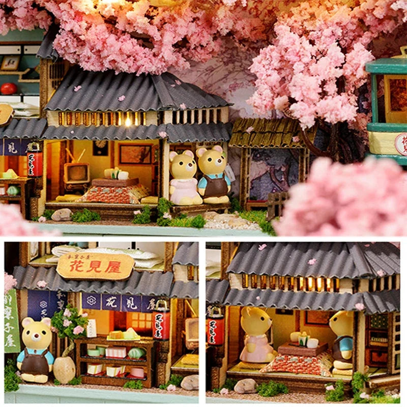 A detailed wooden miniature dollhouse theater kit featuring furniture and decorative elements.