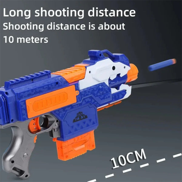 Un pistolet à fléchettes en mousse bleu et orange avec une échelle indiquant 10 cm.