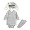 A gray rabbit romper set for babies includes a matching hat and socks.