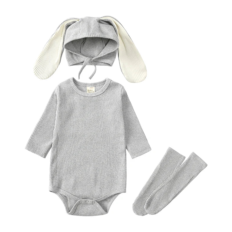 A gray rabbit romper set for babies includes a matching hat and socks.
